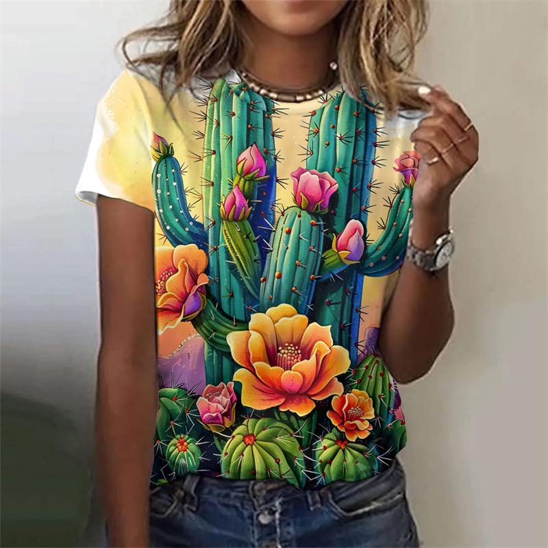 T-Shirt für Damen mit Blumen- und Kaktus-Muster, farbenfrohes Pflanzen-3D-Druck-T-Shirt, Sommermode, Street-T-Shirts, kurzärmelige Oberteile mit Rundhalsausschnitt