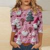 Women's Fashionable Casual Three Quarter Sleeve Christmas Printed Round Neck Top