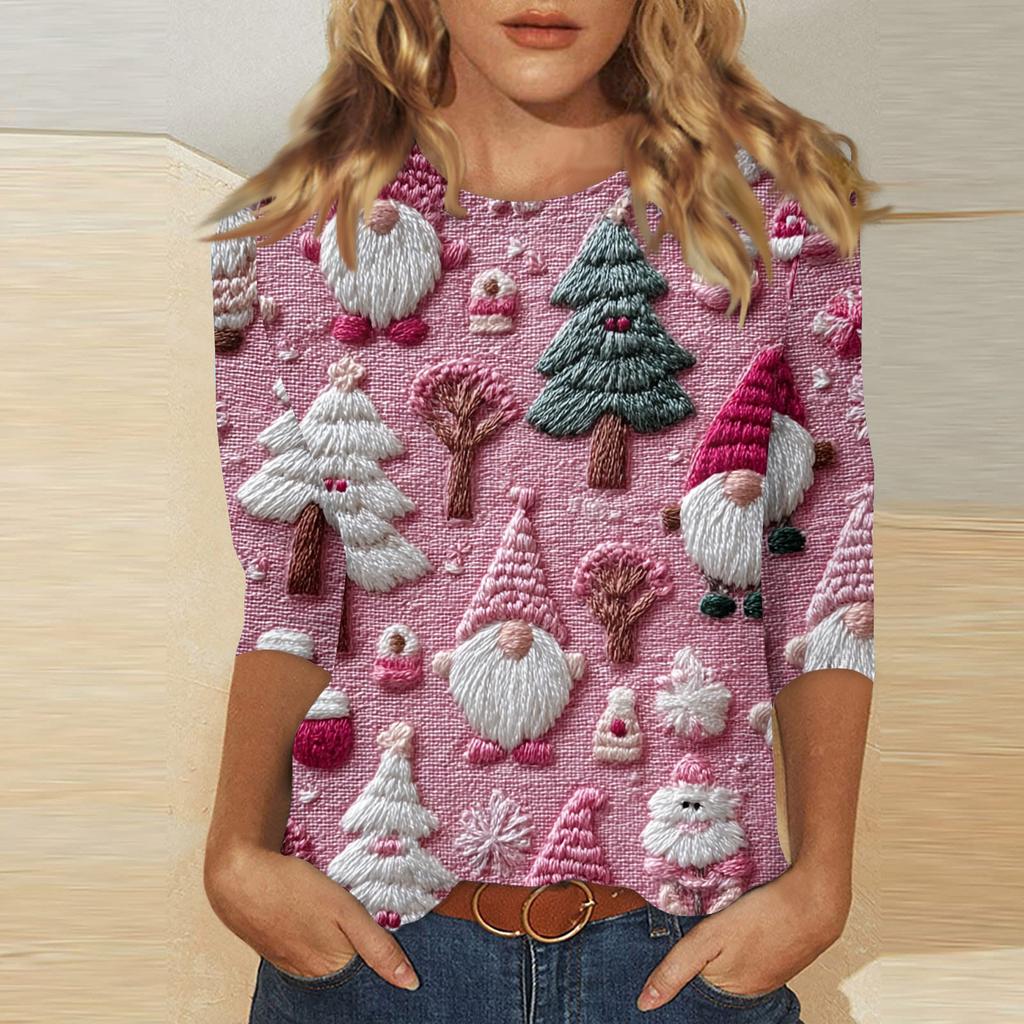 Women's Fashionable Casual Three Quarter Sleeve Christmas Printed Round Neck Top