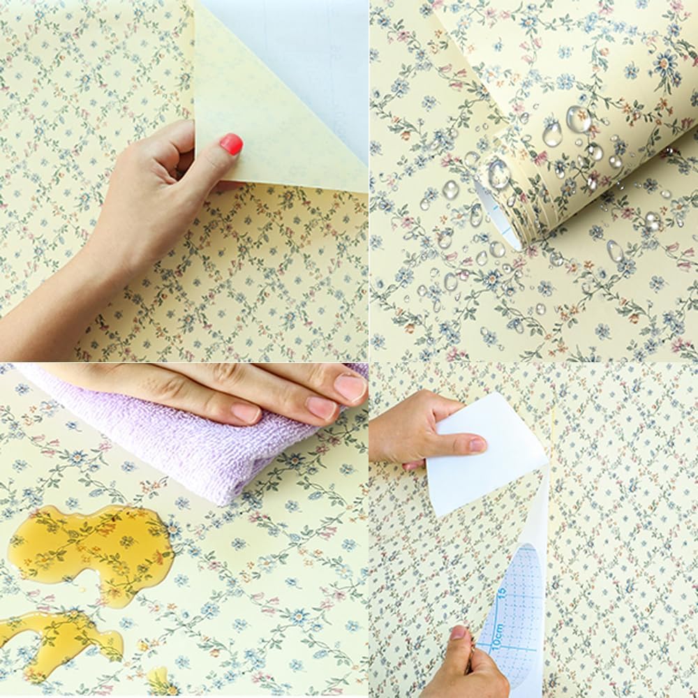 Self Adhesive Yellow Floral Shelf Liner Contact Paper for Dresser Cabinets Walls Backsplash Furniture Decal 17.7x197 Inches