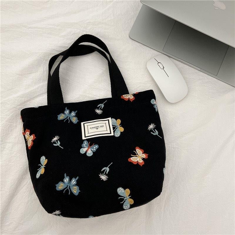 Adorable Purple Butterfly Embroidered Handheld Bag Trendy Cotton Linen Lunch Tote For Everyday Use And Stylish Outfits