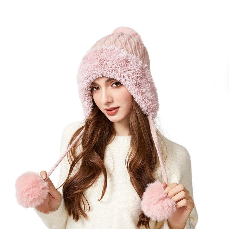 

Осень Зима Женская Шапка с Тремя Меховыми Помпонами из Бархата, Толстая, Теплая, Защита Ушей от Холода, Вязаная розовый