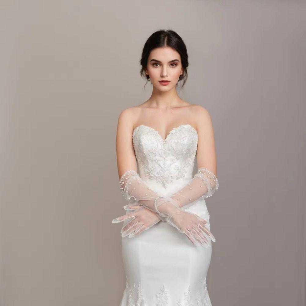 Ręcznie robione rękawiczki ślubne z koralikami Eleganckie rękawiczki z tiulu Modne rękawiczki perłowe Impreza koktajlowa