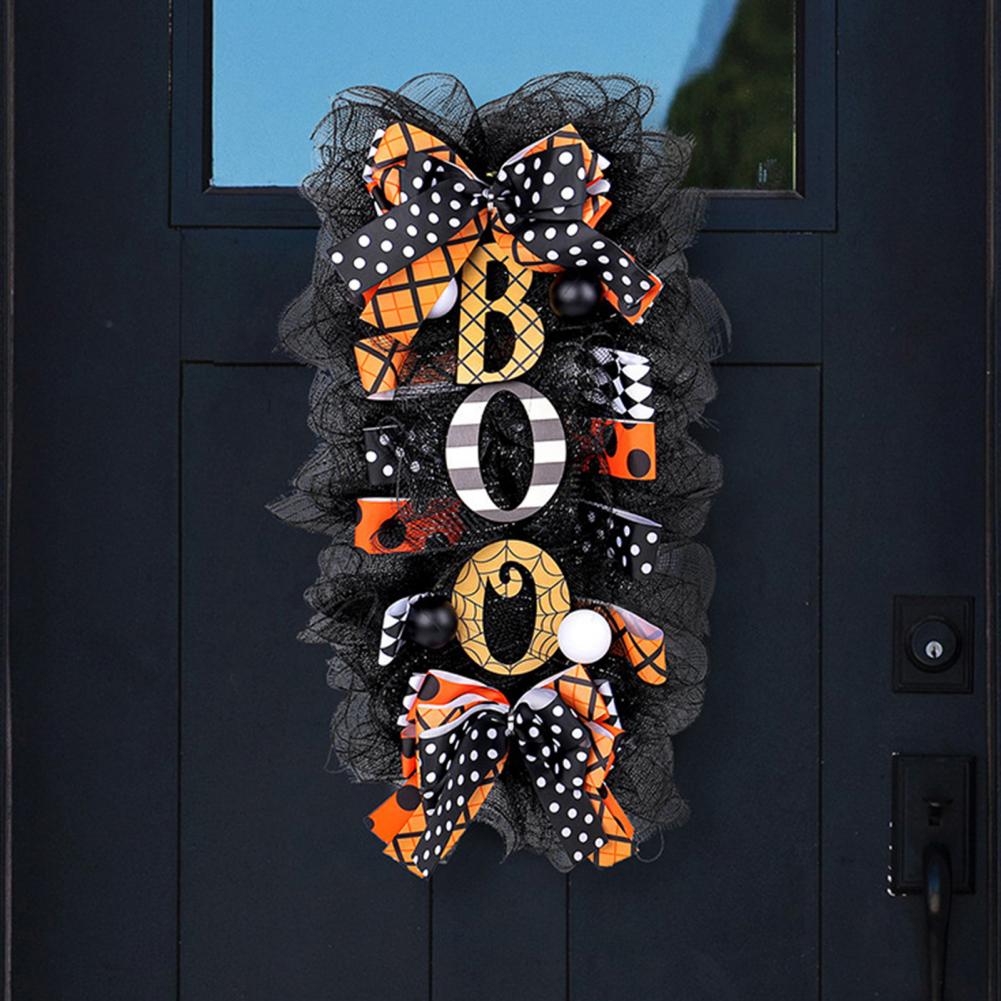 Halloween Wreath Outdoor Spooky Halloween Swag Wreath with Mesh Ribbon Boo Garland for Front Door Party Decor Ornaments for Wall