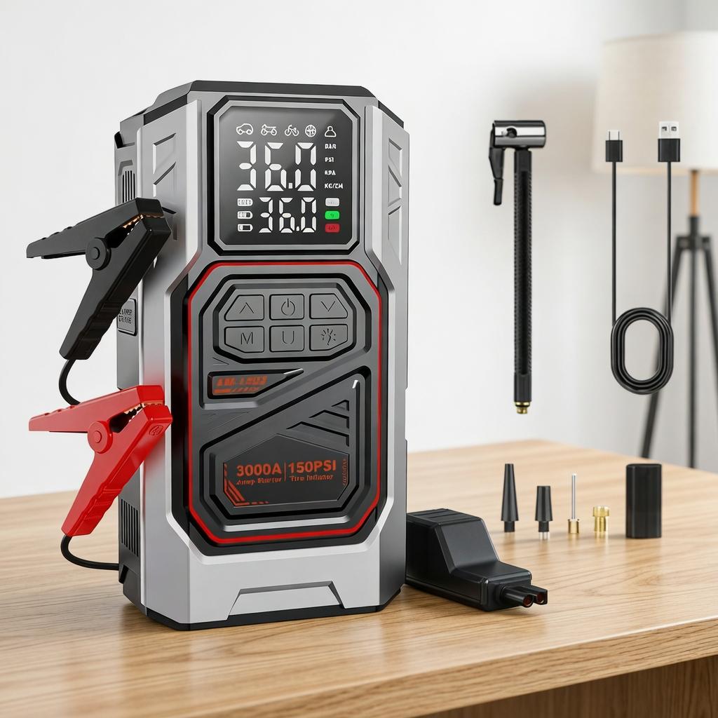 Latest Model High-Capacity Car Emergency Jump Starter with Built-in Tire Inflator, Portable Wireless Electric Air Pump