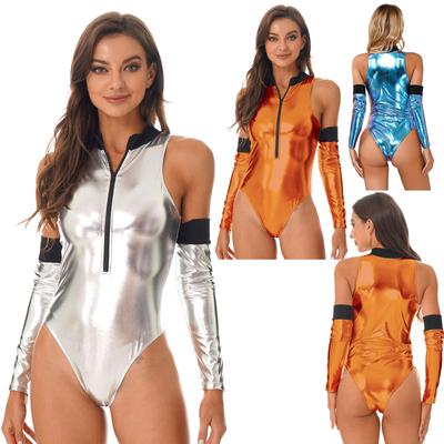 Γυναικεία στολή Astronaut Cosplay Γυαλιστερό λουστρίνι Wetlook Alien Fancy φόρεμα High Cut Bodysuit Catsuit with Oversleeve Set