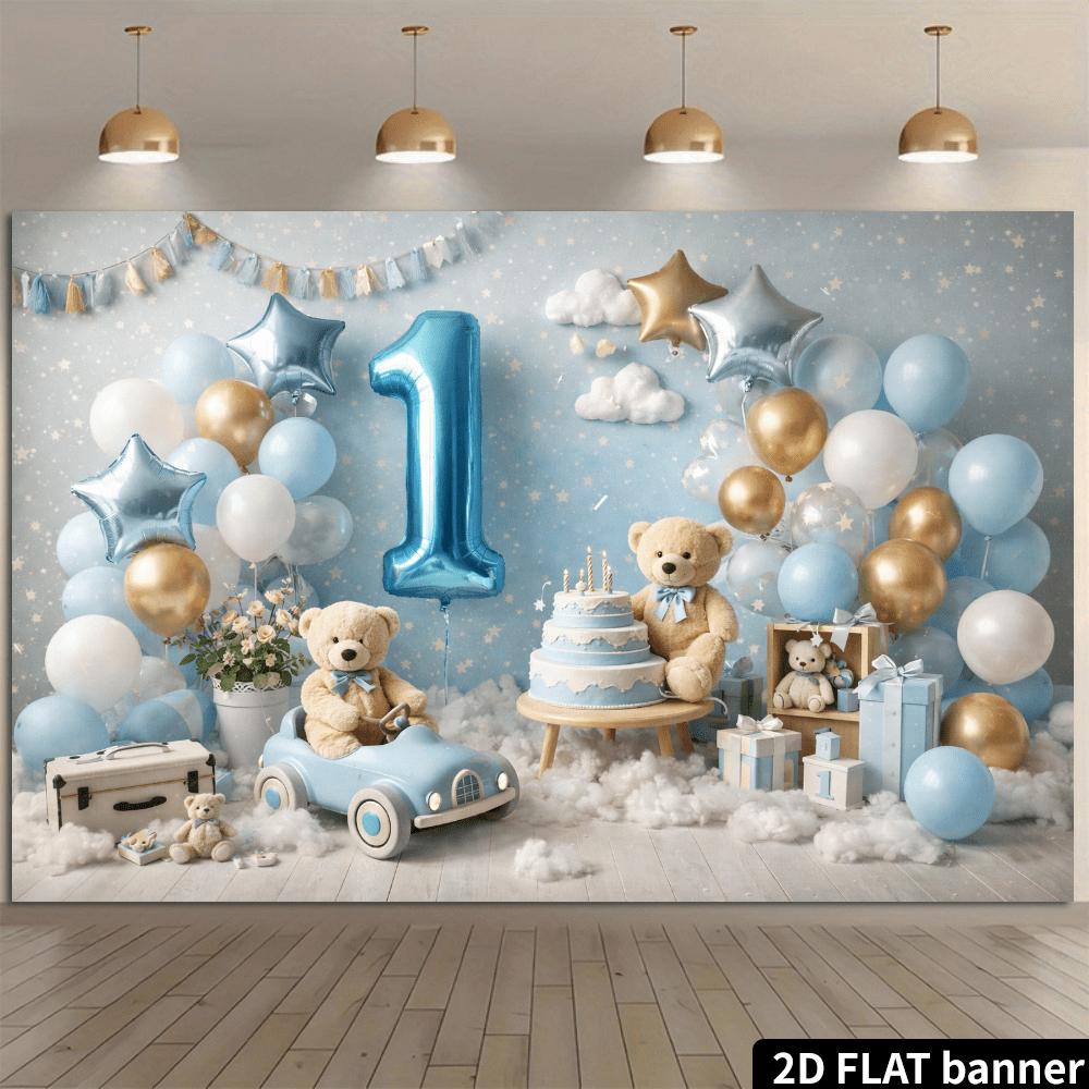 2D Plane 1st Birthday Party Background: Blue and gold teddy bear theme, featuring blue number 1 balloons 100x150cm