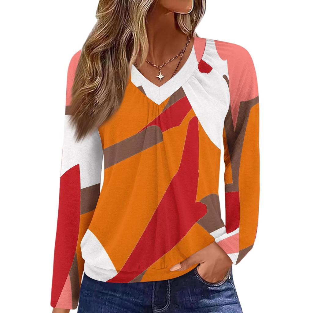 Kvinners avslappet mote V-hals raglan plissert blomstertrykk langermet topp