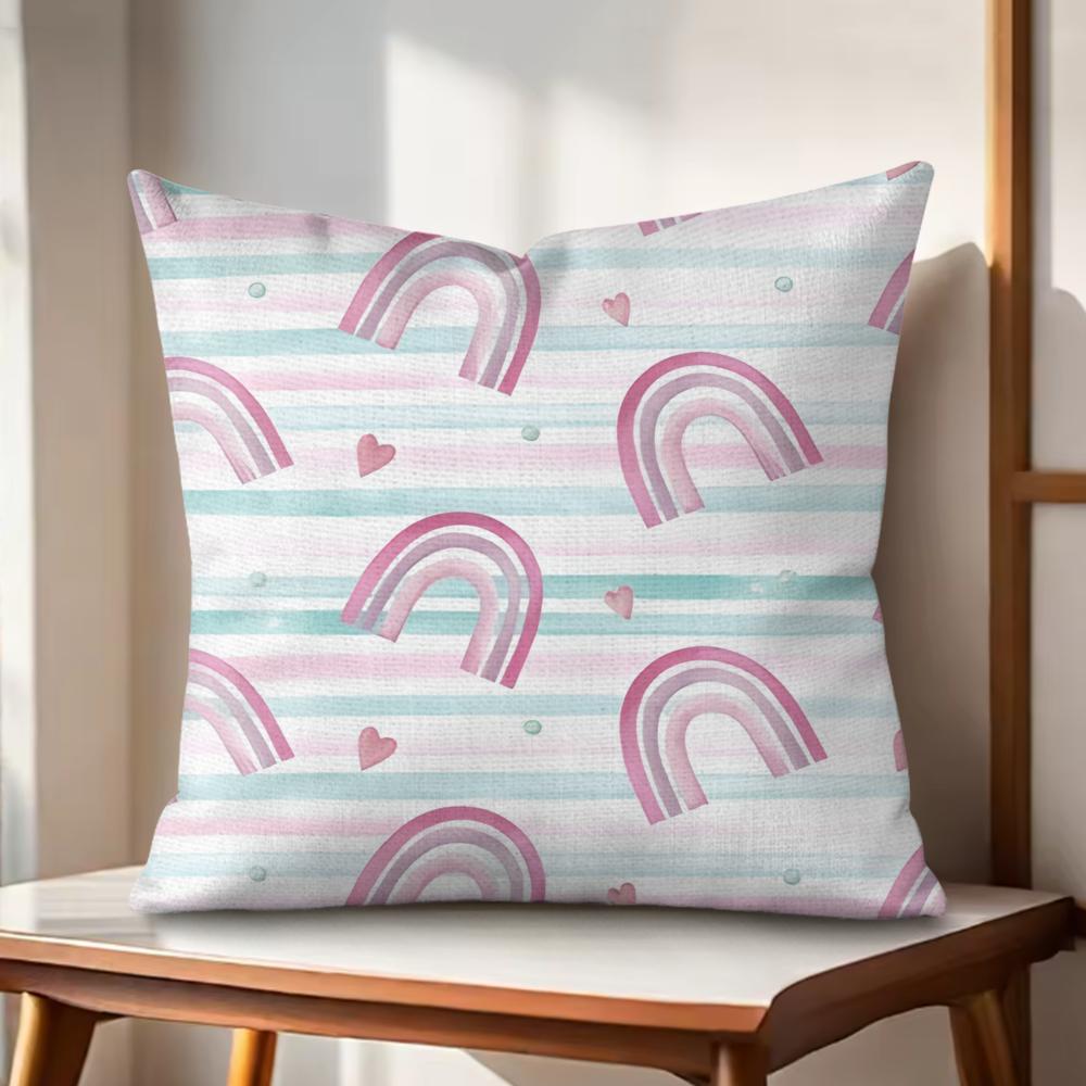 Cute Dinosaur Rainbow Cushion Cover Natural Linen Organic Fabric DoubleSided Printing Couch Pillow Covers Home Decor Gift