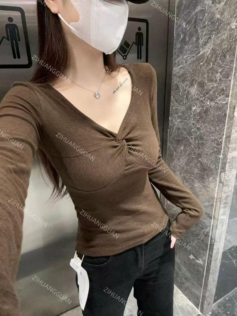 Women's Elegant Knotted V-Neck Long-Sleeve Slim-Fit T-Shirt – French Design Spring 2026 Arrival