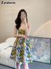 Women's Summer Thai Floral Off-Shoulder Dress - Petite Design, French Slim Fit Ruched Bodycon Style