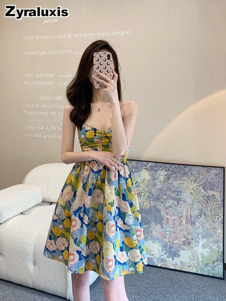 Women's Summer Thai Floral Off-Shoulder Dress - Petite Design, French Slim Fit Ruched Bodycon Style