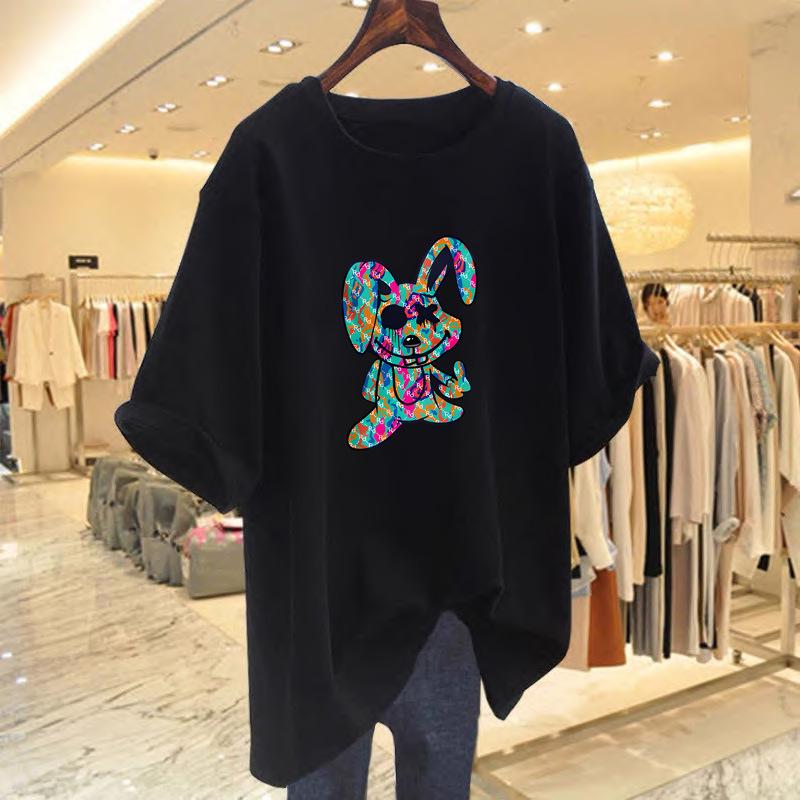 European and American Women's Rabbit Print Loose Round Neck Short Sleeve T-shirt - Summer New Style Top
