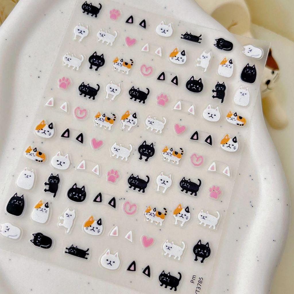 Adorable Cat-Themed Nail Art Stickers: Black, White & Pink Hearts, Paws, Ears - Thin & Durable