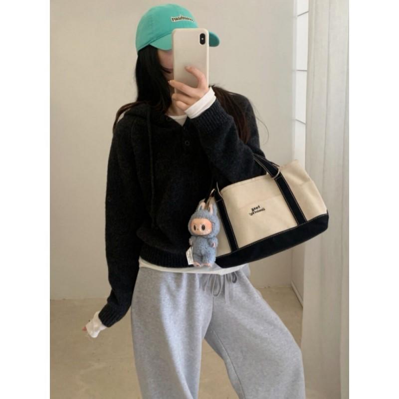 Womens 100% Wool Hooded Sweater Casual Korean Style Fall Winter Knit Top Loose Fit Solid Color