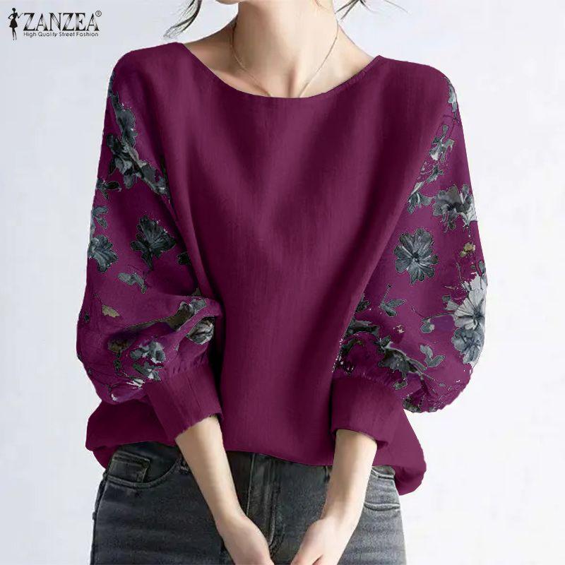 ZANZEA Women Print Splice Long Sleeve Loose Casual Blouse
