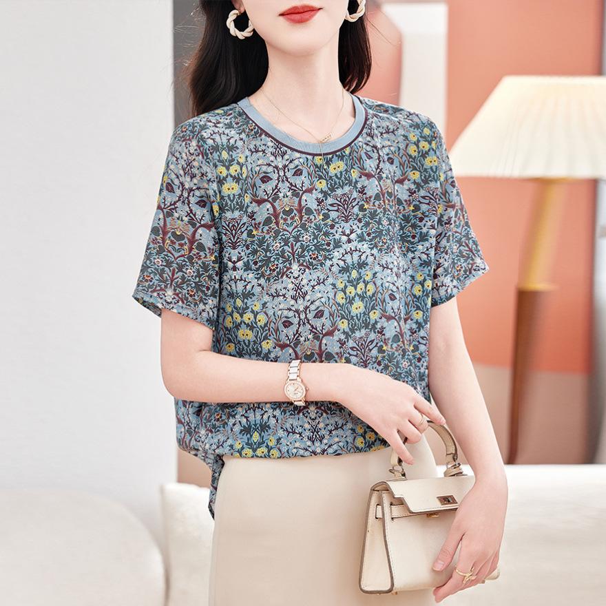 Silk top women's fashion printed short-sleeved T-shirt  new thin shirt mulberry silk shirt