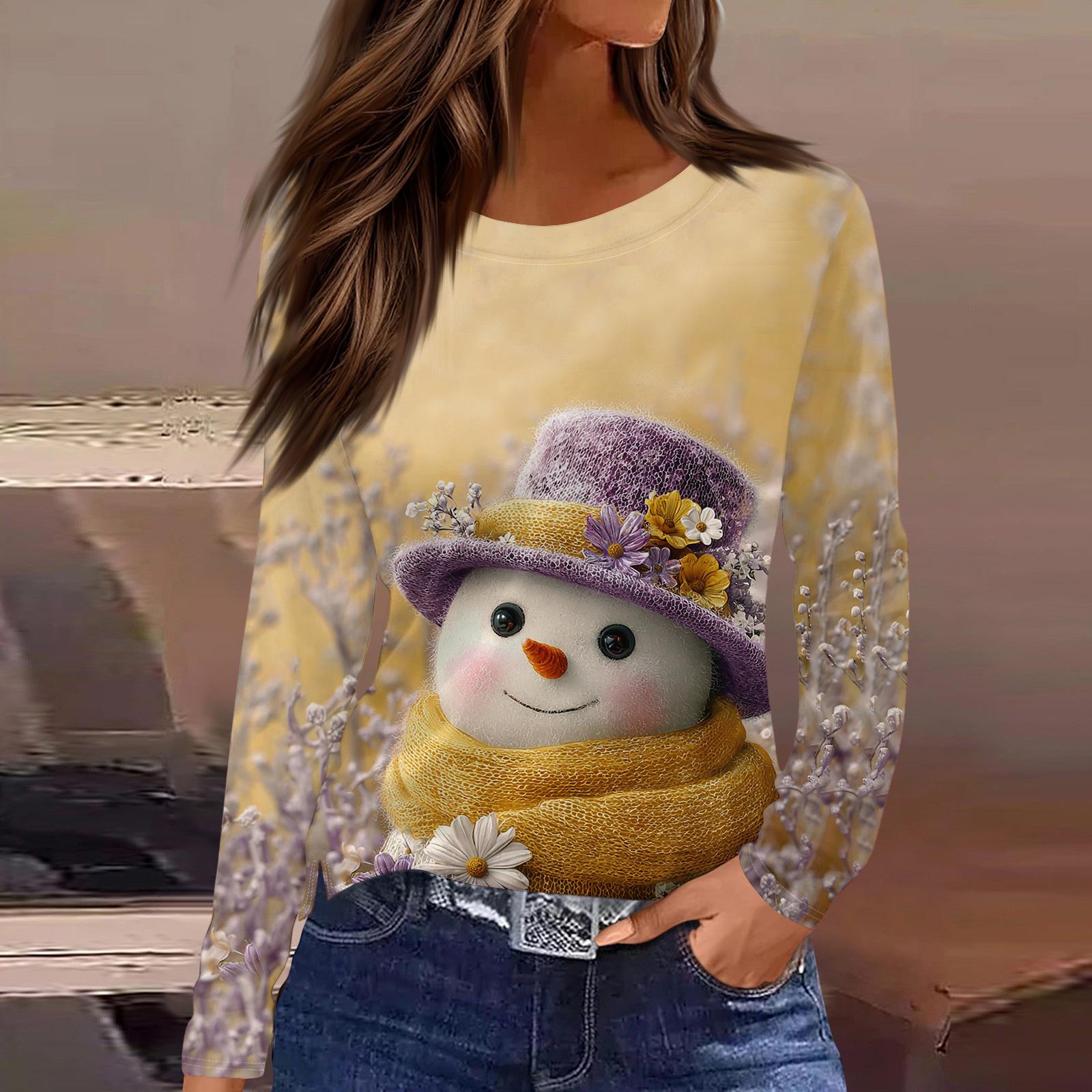 

Women s Fashion Casual Slit Hem Round Neck Long Sleeve Loose Printed T-Shirt Ladies Top Christmas XL жёлтый