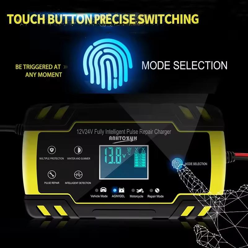 Car Battery Charger 12V 24V Pulse Repair LCD Display Smart Fast Charge AGM Deep Cycle GEL Lead-Acid Charger For Auto Motorcycle