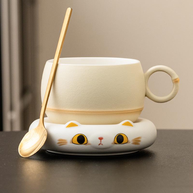 Cat-Themed Ceramic Coffee Mug & Saucer Set for Women