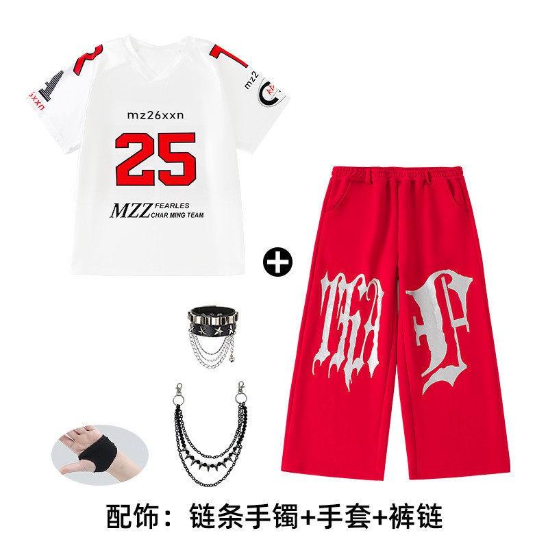 Kids Hip Hop Dance Outfit Set - White Short Sleeve Top Red Pants Boys Girls Stage Performance