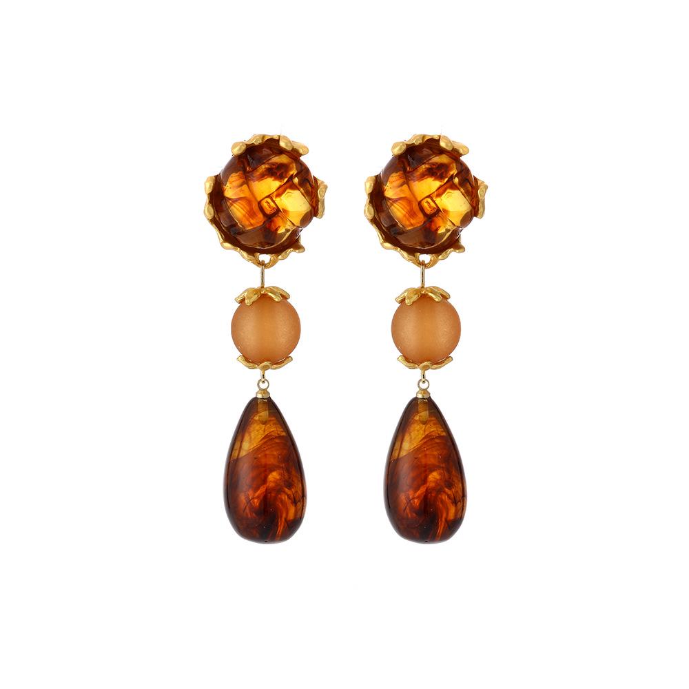 Silver Needle Caramel Amber Geometric Water Drop Earrings - European & American Retro High-End Trend 