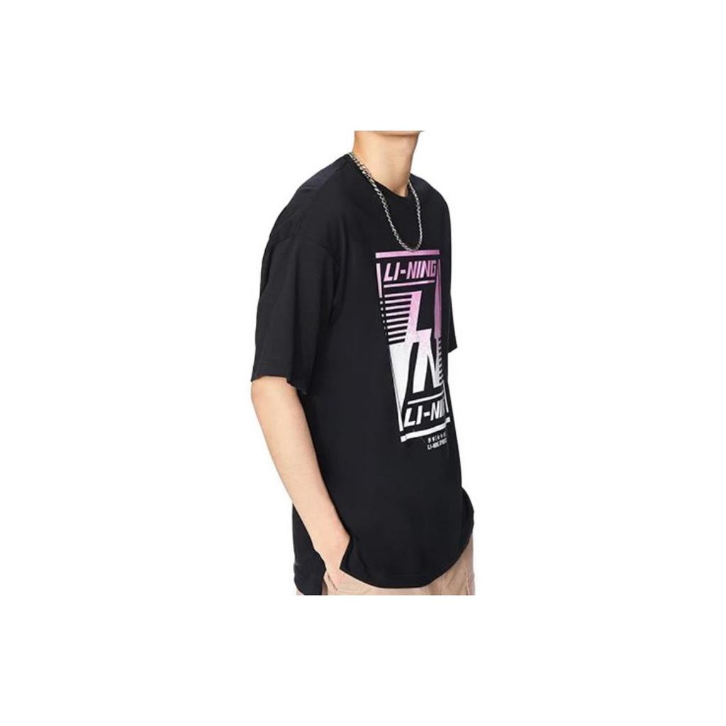 Li-Ning Patterned Print Loose Round Neck Short Sleeve T-Shirt Men Tops Black AHSS127-2