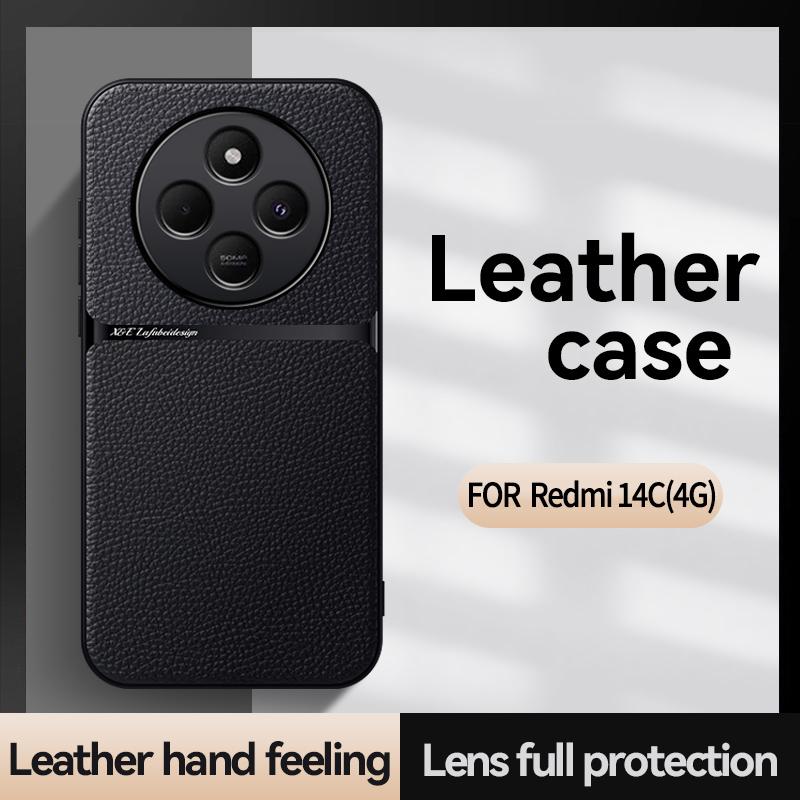For Redmi 14C Leather Texture Built-in Magnetic TPU Soft Edge Anti-drop Anti-fingerprint Phone Case
