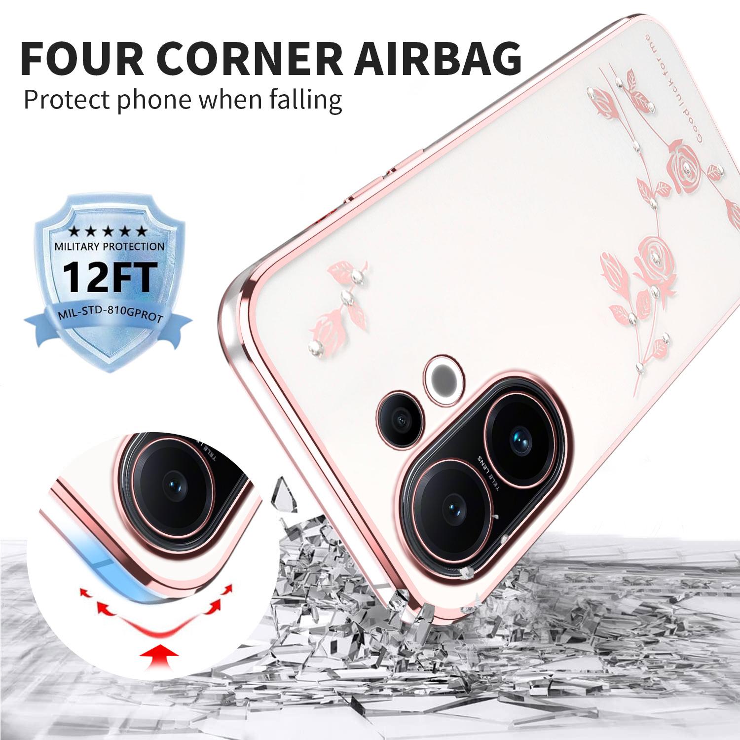 

KADEM For vivo S30 5G Case Flower Rhinestone Decor TPU Phone Cover Rose Gold
