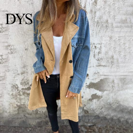 Chaqueta Cardigan de Manga Larga para Mujer Primavera Otoño Abrigo Vaquero Sobretodo Patchwork Doble Botonadura Dama Holgada con Bolsillos con Solapa Bloque de Color Longitud Media