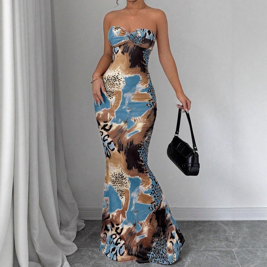 Summer New European and American Women's Clothing Sexy Tube Top Strap Backless Long Dress Fashionable Sexy Dress Women