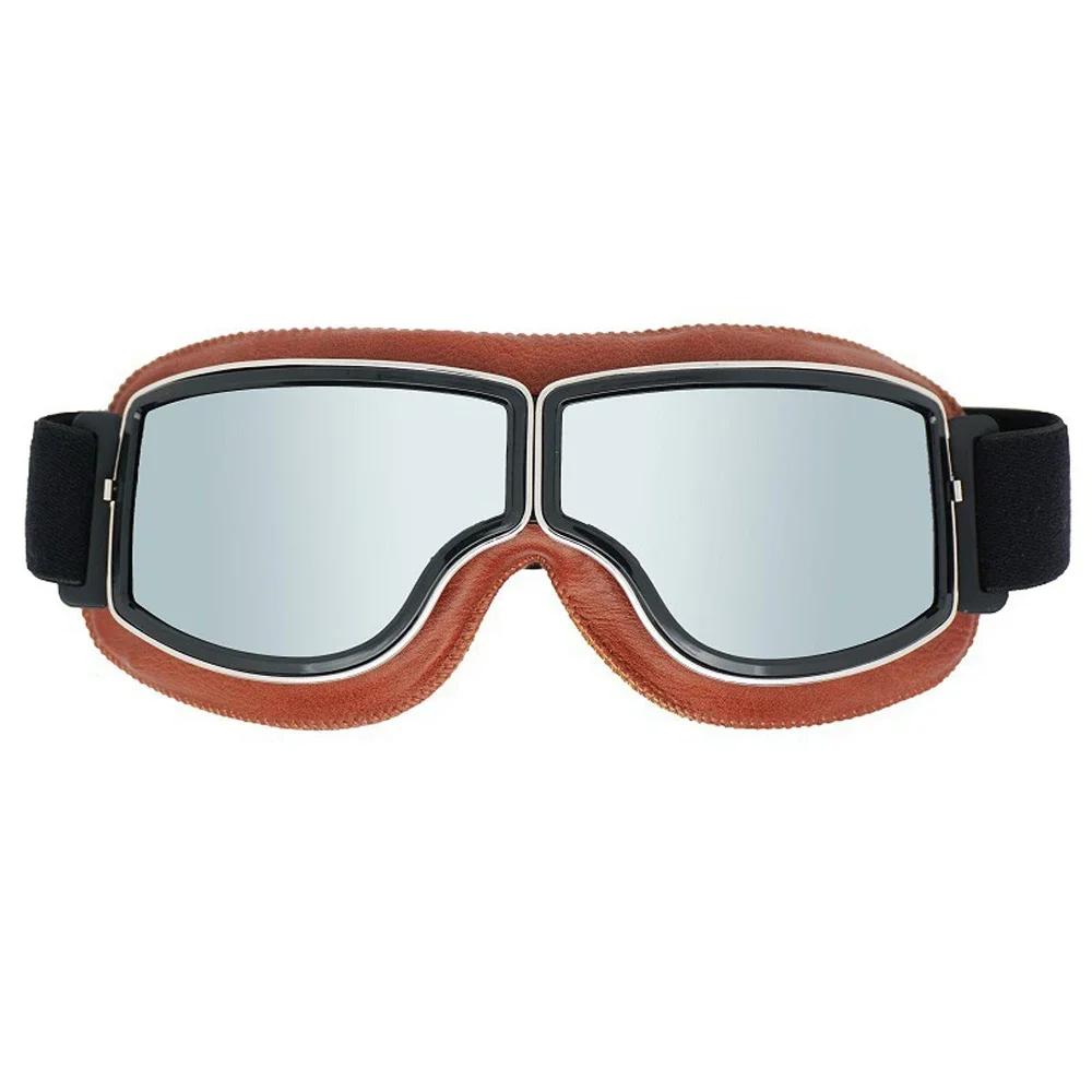 Vintage Pilot Motorcycle Goggles UV400 Windproof Scratch Resistant PC Lens with Leather Trim for Open Face Helmet