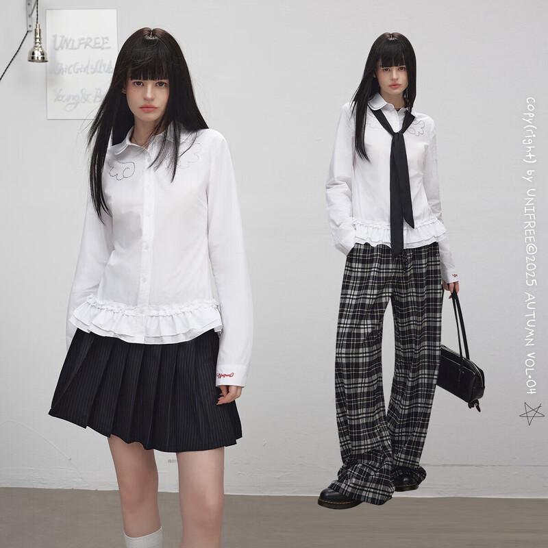 UNIFREE Women s Rhinestone Ruffle Peter Pan Collar Long Sleeve Shirt S