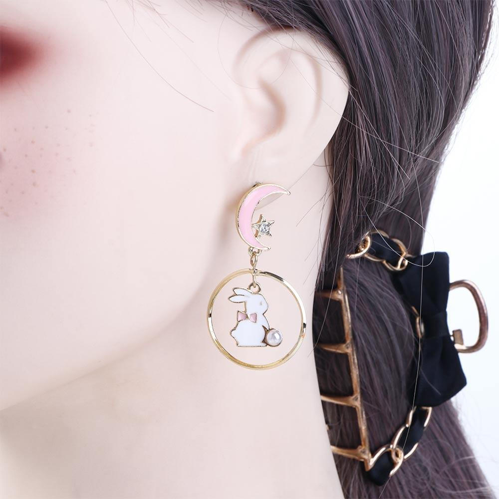 Ins Personality Pink Girl Korean Rabbit Drop Earrings Anti Allergy Asymmetric Earrings Enamel