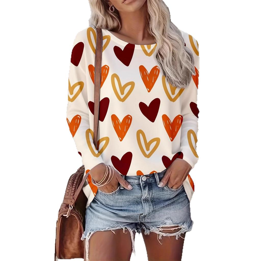 Women's Autumn and Winter Love Plaid 3D Printing Round Neck Long-sleeved T-shirt Comfortable, Fashionable and Breathable