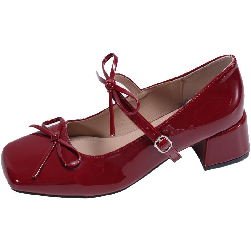 Bow silver French ballet Jane women's shoes single shoes women's thick heels high heels versatile temperament with skirt small leather shoes