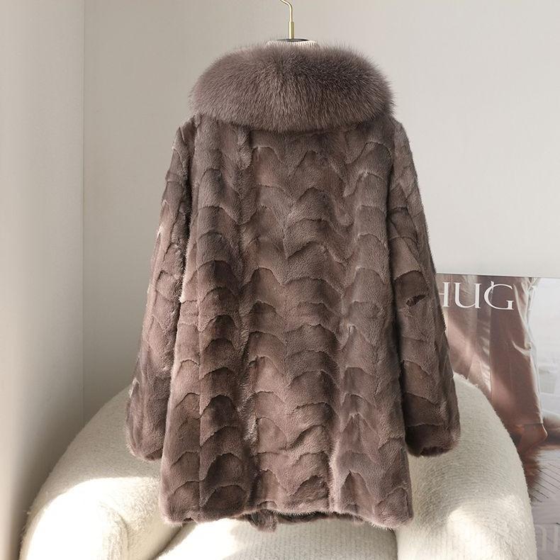 Winter Women's Mink Coat Fluffy Luxury Mid-Length Fur Coat with Fox Fur Collar