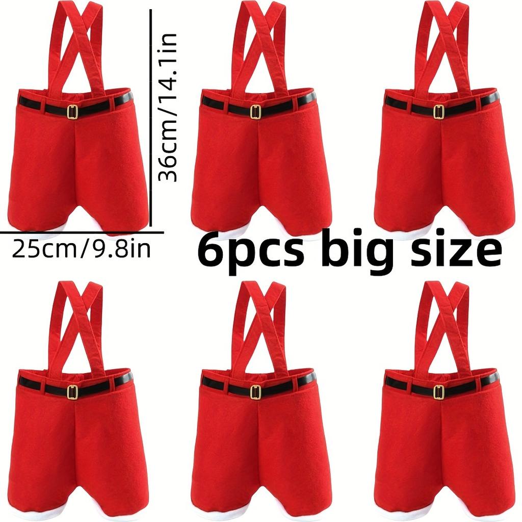 6pcs Santa Pants Style Candy Bags, Christmas Reindeer No Sew Polyester Gift Pouches, Festive Holiday Decor, Red, for New Year Christmas Gift Wrapping