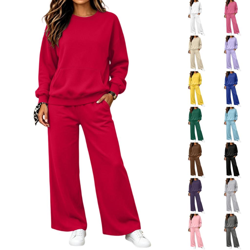Conjunto Informal Cómodo de Sudadera y Pantalones para Mujer con Cuello Redondo y Bolsillos para Otoño Invierno