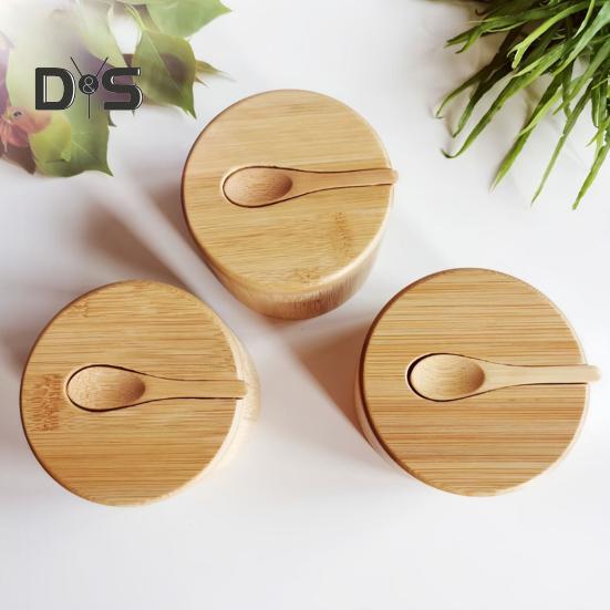Bamboo Salt Cellar Seasoning Jar with Built-in Spoons Salt Container for Kitchen Swivel Lid Spice Box for Countertop