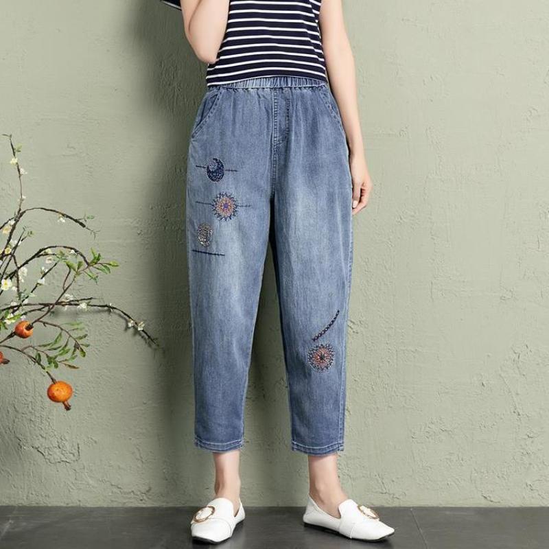 Women's Jeans Summer New Ethnic Wind Embroidered High Waist Thin Harlem Jeans Thin Retro Loose Large Yards Nine-quarter Pants