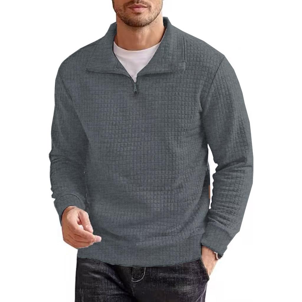 Large Size Men's Spring and Autumn Top Plaid Zipper Sweatshirt Solid Stand Collar Pullover