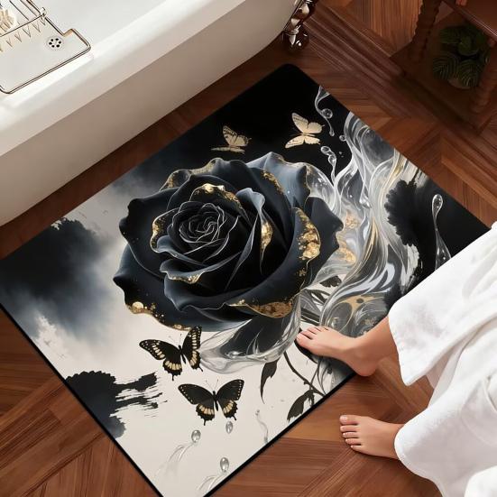 Yousheng 3D Rose Bathroom Rug Realistic Rose And Butterflies Floor Mat Absorbent Non-Slip Rug for Entrance Kitchen Bedroom Living Room