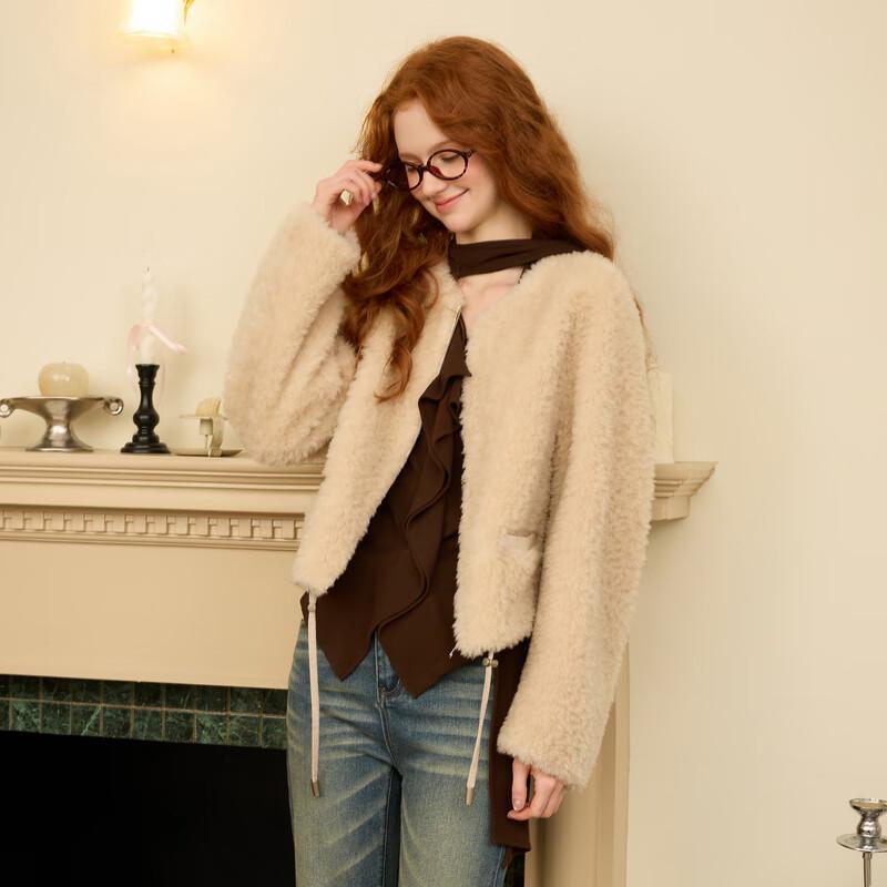 Sancai 2025 Winter Short Faux Fur Trim Wool Blend Coat