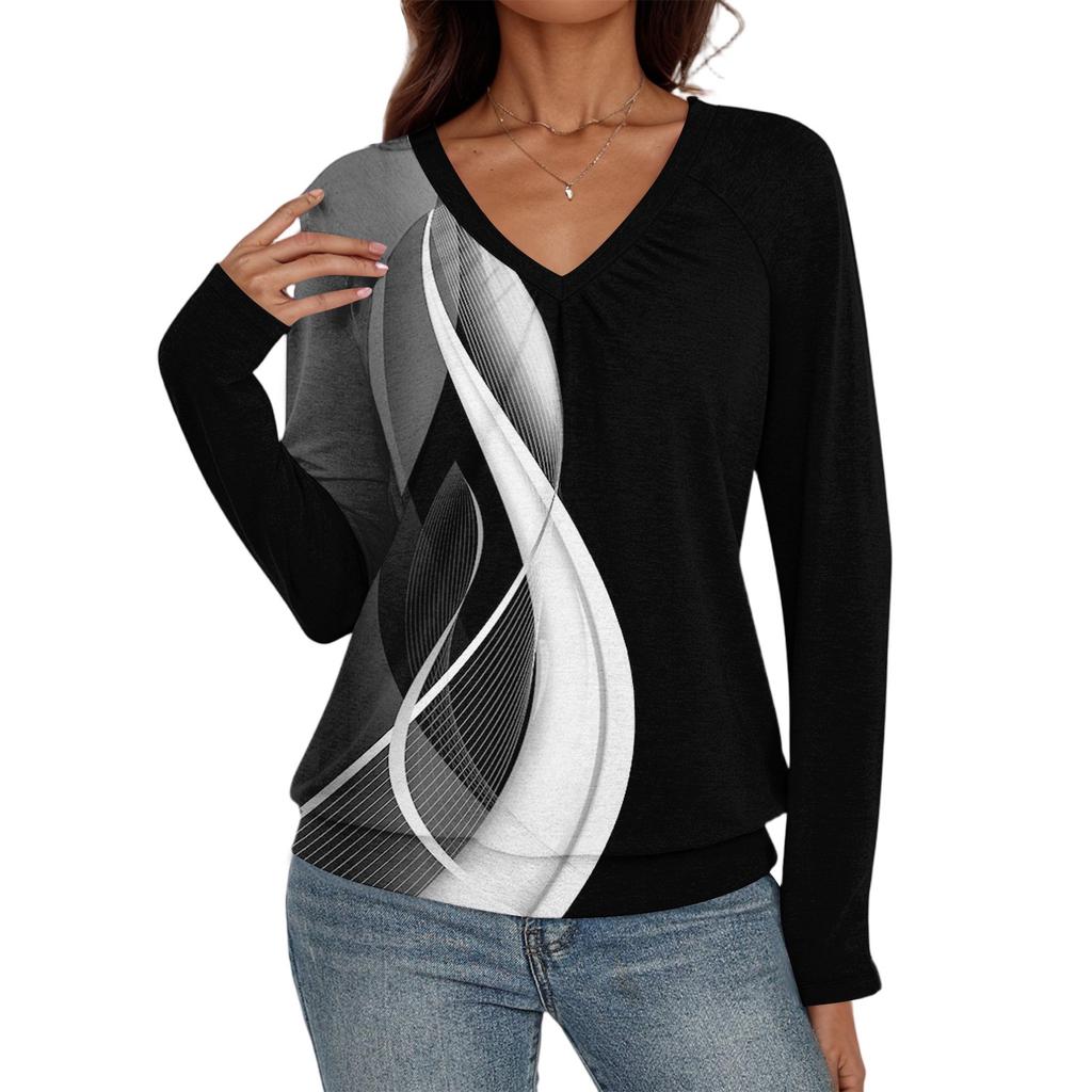 Women's Casual Fashion V-Neck Raglan Pleated Floral Print Long Sleeve Top
