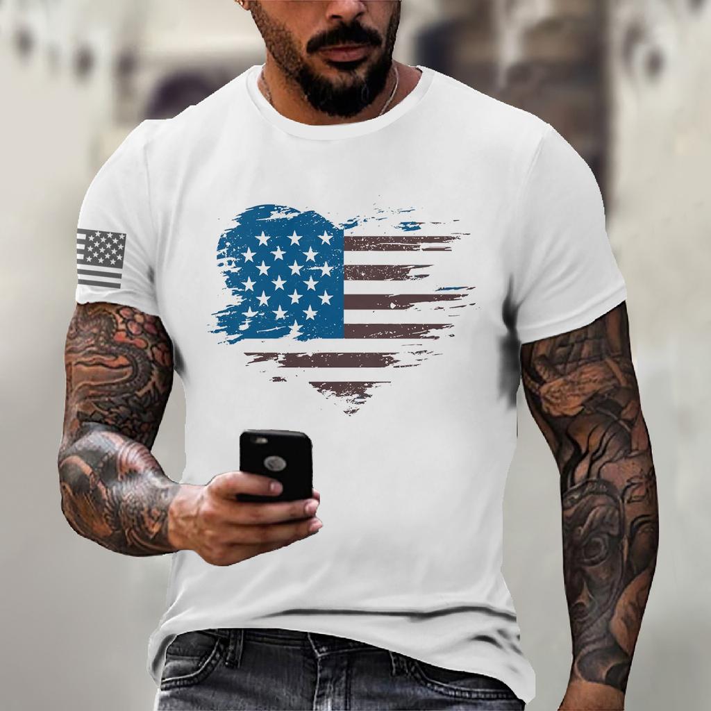 Men's Fashion Casual Short Sleeve Round Neck Independence Day Flag T-Shirt Top