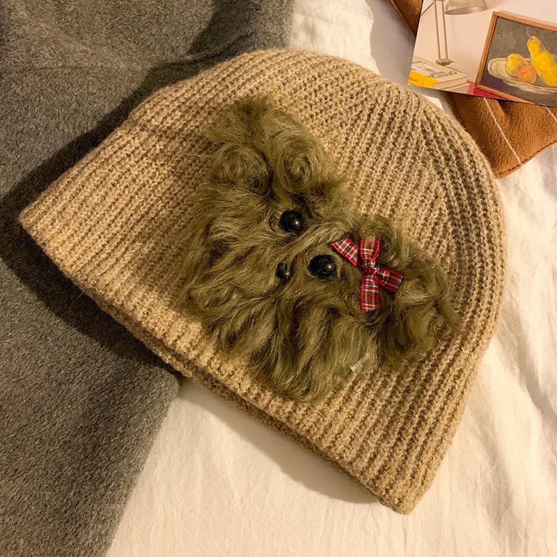 Cute Blush Plush Puppy Red Woolen Hat for Women Autumn and Winter Warm Pullover Hat Versatile Hat Trendy