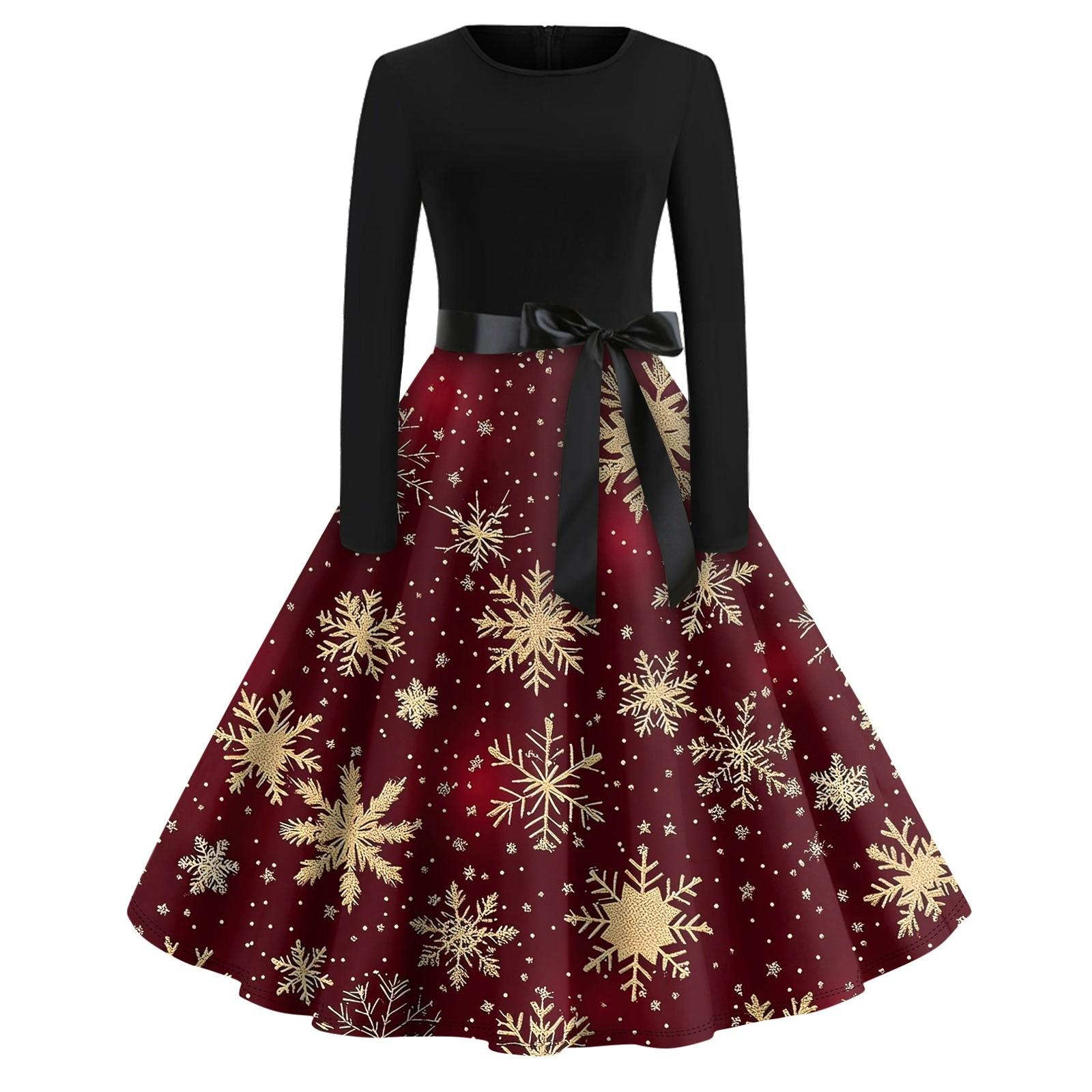 

Платье-клеш с принтом на Хэллоуин для женщин с длинным рукавом, повседневные платья с круглым вырезом и ажурной отделкой S киноварь