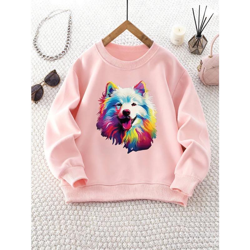 Kids Crewneck Sweatshirt, Colorful Dog Print Casual Long Sleeve Top