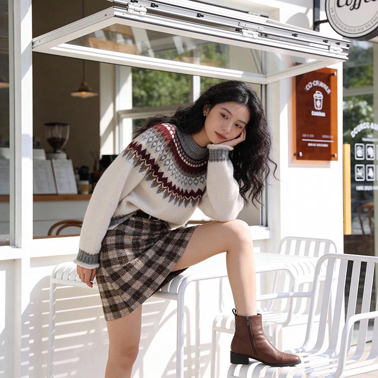 Feiyuan Women's Retro Plaid Wool Midi Skirt with Belt - Stylish Korean Pencil Skirt for Early Spring